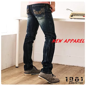 1981牛仔褲.鬼洗電繡合身小直筒.台灣製_2298#M深藍