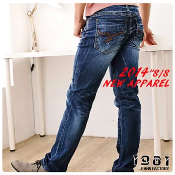 1981牛仔褲.粗曠皮標後口袋中小直筒.台灣製_2299#M藍色