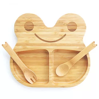 la-boos 純天然竹製兒童餐具 - 幸福微笑蛙 （餐盤 湯匙 叉子）
