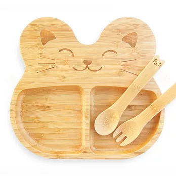 la-boos 純天然竹製兒童餐具- 元氣Cat 貓( 餐盤 湯匙 叉子)