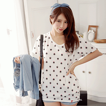 ROSE。甜心女孩長版貓咪口袋上衣 白系