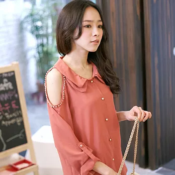 ROSE。首爾美人珍珠肩洞襯衫紅系