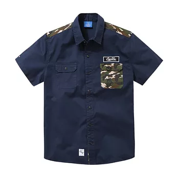 【CACO】CACO ST．美式街頭． 拼接迷彩口袋短袖襯衫(男)S丈青