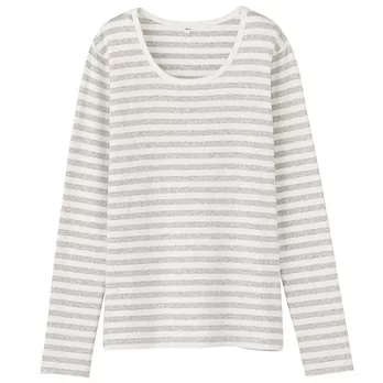 [MUJI 無印良品]女有機棉混彈性圓領長袖T恤S白橫紋
