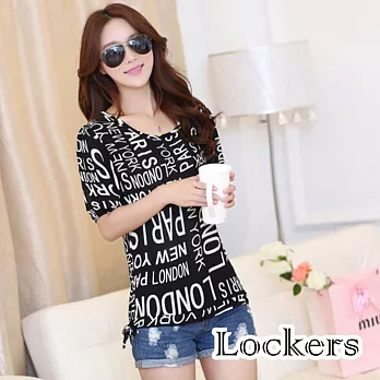 【Lockers 木櫃】雪紡綁帶蝴蝶結泡泡半袖襯衫/上衣(三款任選)黑底字母款