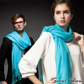 Seoul Show 素色長鬚100%純羊毛圍巾披肩15色天藍色