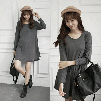 【韓國連線】。舒服竹紋棉口袋洋裝 深灰系