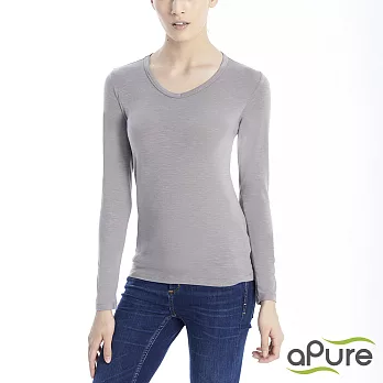 【aPure】feHot發熱衣 女V領柔感發熱衣-時尚灰S 時尚灰