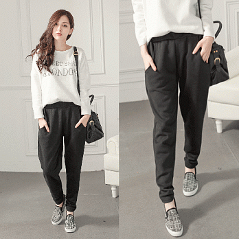 【韓國連線】。韓國製 刷毛口袋哈倫褲 黑系