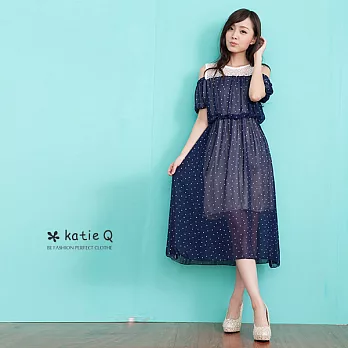 【KatieQ】公主風露肩雪紡長洋裝(藍)-M-XLL藍