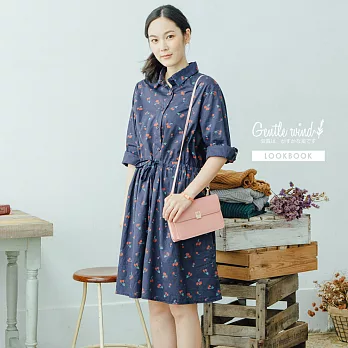 【Gentle wind 輕輕.吹】櫻桃印花長版襯衫洋-FREEFREE藍
