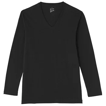 [MUJI 無印良品]男棉混羊毛彈性保暖V領長袖衫M黑色