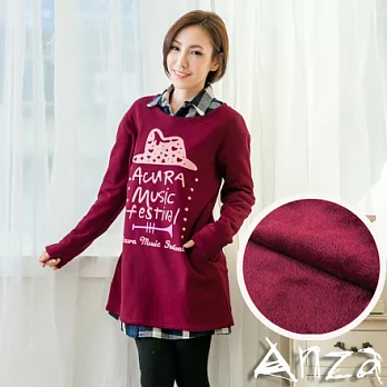 【AnZa】中大尺碼．不倒絨內裡帽子印刷長T FREE磚紅色