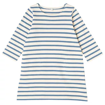 [MUJI無印良品]兒童有機棉柔軟粗織八分袖洋裝120天空藍橫紋