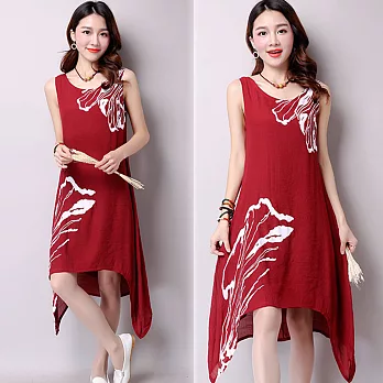【NUMI】森-撞色印花無袖連衣裙-共3色(M-2XL可選)L紅色
