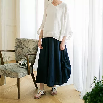 【慢。生活】側抽繩棉麻寬口褲(3色)-F　FREE深藍