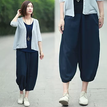 【NUMI】日系寬鬆透氣棉麻燈籠褲-共4色(M-XL適穿)FREE深藍色