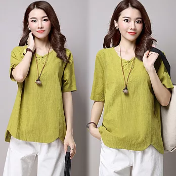 【NUMI】森-V領門襟下擺開岔上衣-共3色(M-2XL可選)M黃綠色