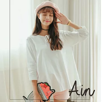 Ain 愛音 學院風圓領系帶寬鬆套頭半袖襯衫/上衣(白色)