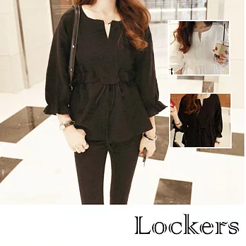 【Lockers 木櫃】棉麻荷葉袖顯瘦收腰襯衫/上衣(二色)-黑色