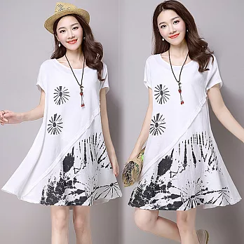 【NUMI】森-裙襬造型寬鬆綿麻洋裝-共4色(M-2XL可選)M白色