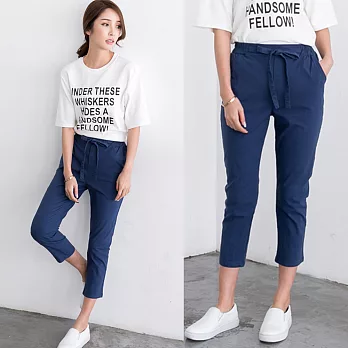 【A.Cheter】棉麻綁繩鬆緊腰九分褲 605320002M藍