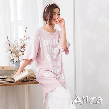 【AnZa】中大尺碼‧印字圓領長版上衣/連身裙(4色) FREE粉色