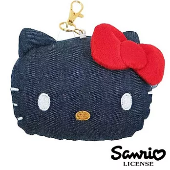 【日本進口正版】三麗鷗 Hello Kitty 牛仔布 彈力吊繩 票夾/零錢包