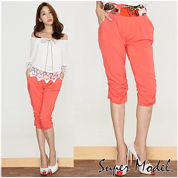 【名模衣櫃】腰間花樣絲帶折線七分褲(M-XL適穿)F磚紅色