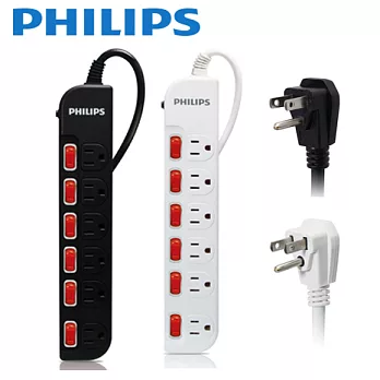 【PHILIPS】飛利浦 過載防護型 6開6插3孔電源延長線 (1.8M) SPB1661_白色