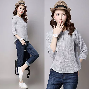 【NUMI】森-七分袖休閒棉麻立領百搭格子襯衫(M-2XL可選)XL灰藍色