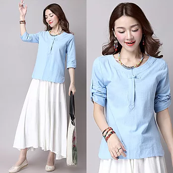 【NUMI】森-寬鬆顯瘦盤扣棉麻純色七分袖襯衫-共4色(M-2XL可選)L淺藍色