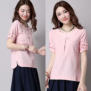 【NUMI】森-寬鬆顯瘦盤扣棉麻純色七分袖襯衫-共4色(M-2XL可選)L粉紅色