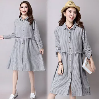 【NUMI】森-寬鬆條紋拼接襯衫連衣裙(M-2XL可選)L灰色