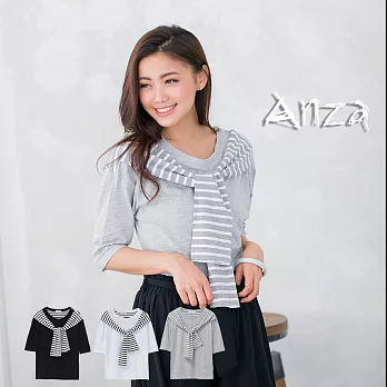 【AnZa】飾條紋領圓領短袖上衣(3色)FREE灰色