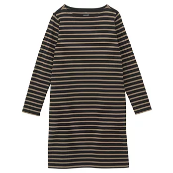 [MUJI無印良品]女有機棉粗織橫紋長袖洋裝S黑紋樣