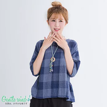 【Gentle wind】素色方格棉麻感上衣-FREE藍