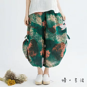 【慢。生活】斑駁刷色抽繩抓皺寬褲-FREE綠