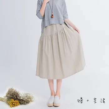 【慢。生活】拼接素色口帶棉麻裙-FREE杏