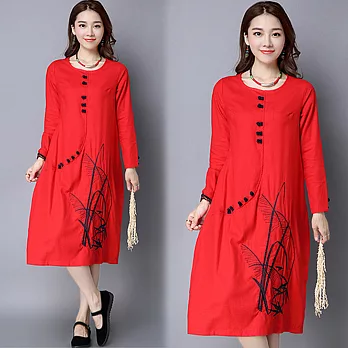 【NUMI】森-民族風長袖盤扣連衣裙-共2色50299(M-XL可選)XL紅色