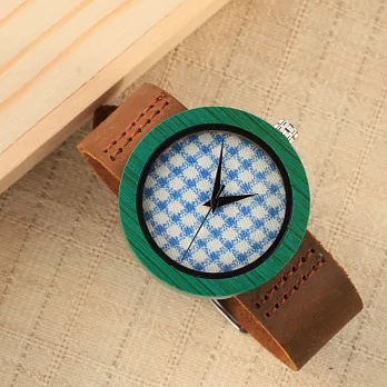 大森竹子真皮錶木錶‧森趣系列‧藍格紋錶面32mm
