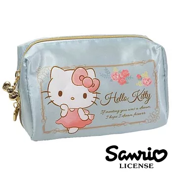 【日本進口正版】三麗鷗 Hello Kitty 緞面 立體 化妝包/收納包/筆袋 -湖水綠款