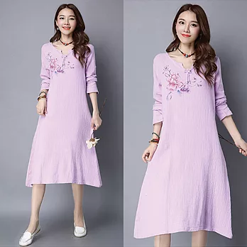 【NUMI】森-棉麻復古印花連衣裙-共2色50342(M-2XL可選)M紫粉色