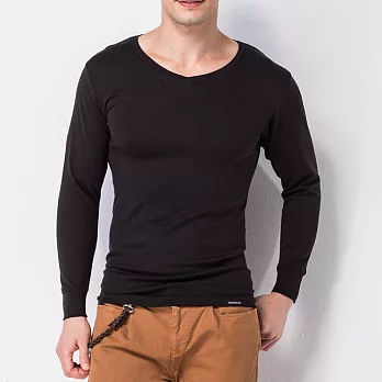 【MORINO摩力諾】發熱長袖V領衫M黑色