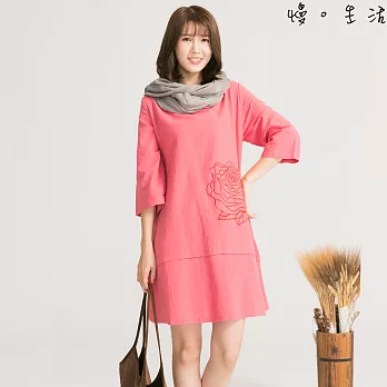 【慢。生活】繡花前層次七分袖連身裙-M-2L　XL粉紅