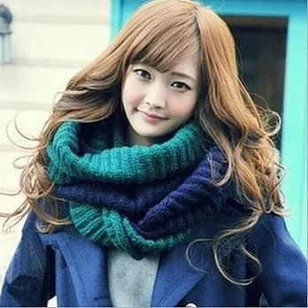 韓版雙色毛線保暖圍巾深藍+湖綠