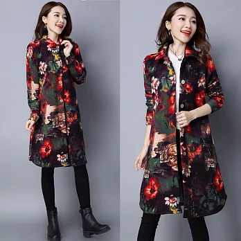 【NUMI】森-夾絲棉印花中長款外套-共2色50392(M-2XL可選)2XL花朵