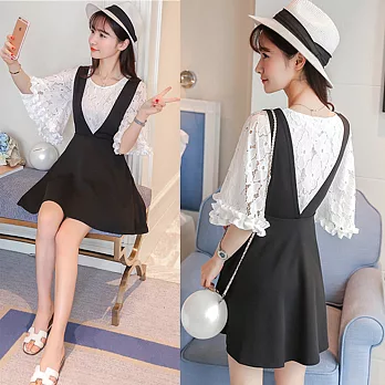 【模兒空間AMOR SPACE】甜美蕾絲上衣+背心洋裝套組601610002L黑