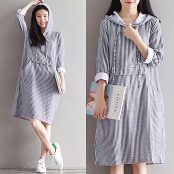 【A.Cheter】棉麻寬鬆條紋大口袋長袖洋裝605500018L灰