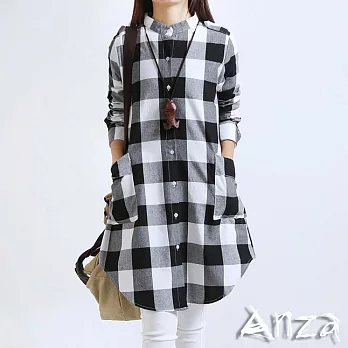 【AnZa】中長款長袖棉料格紋襯衫(2色)L黑白格